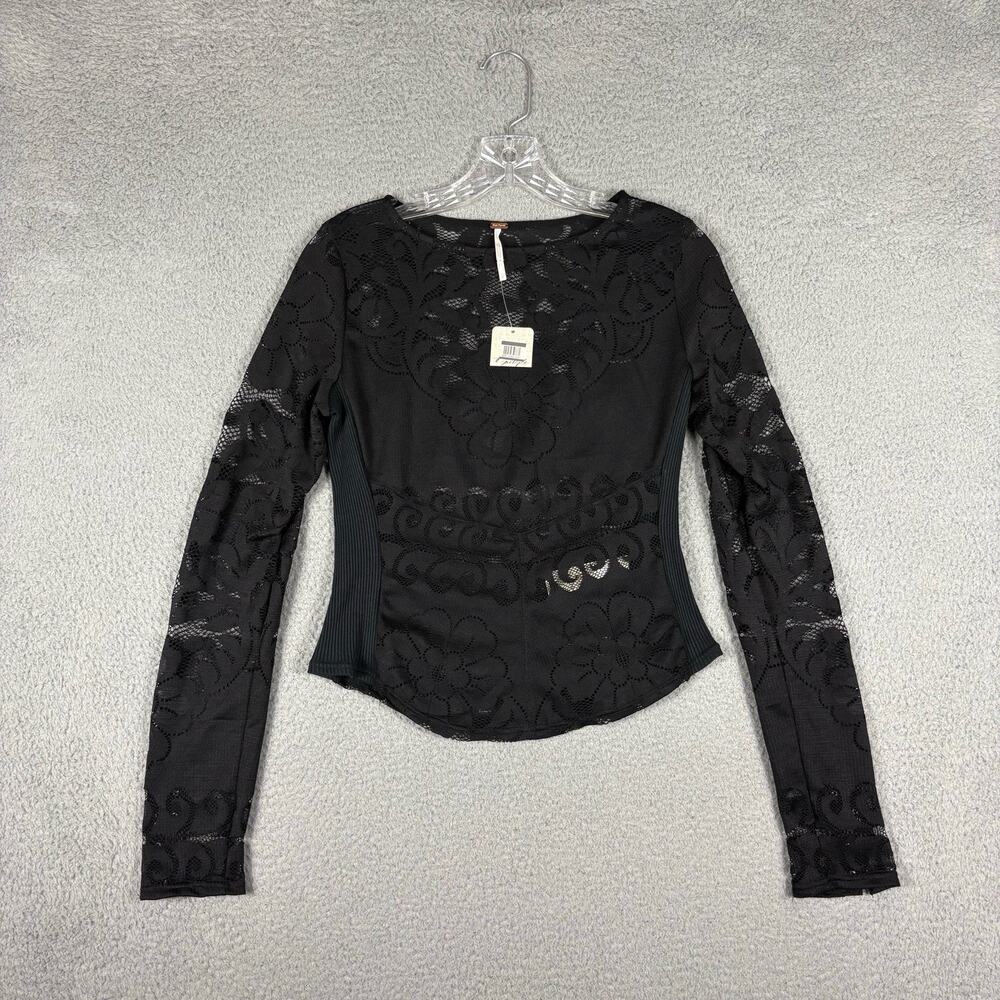 Free People Wild Roses Mesh Top Women’s Small Black Hook & Eye Cuff Lace READ
